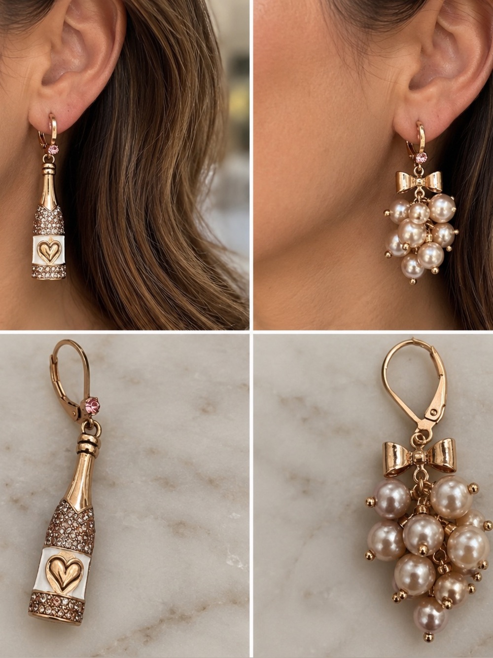 Betsey Johnson Gold-tone Champagne Bottle & Pearl Cluster Drop Earrings